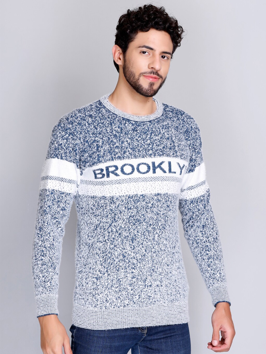 

eWools Typography Printed Acrylic Wool Pullover Sweater, Blue