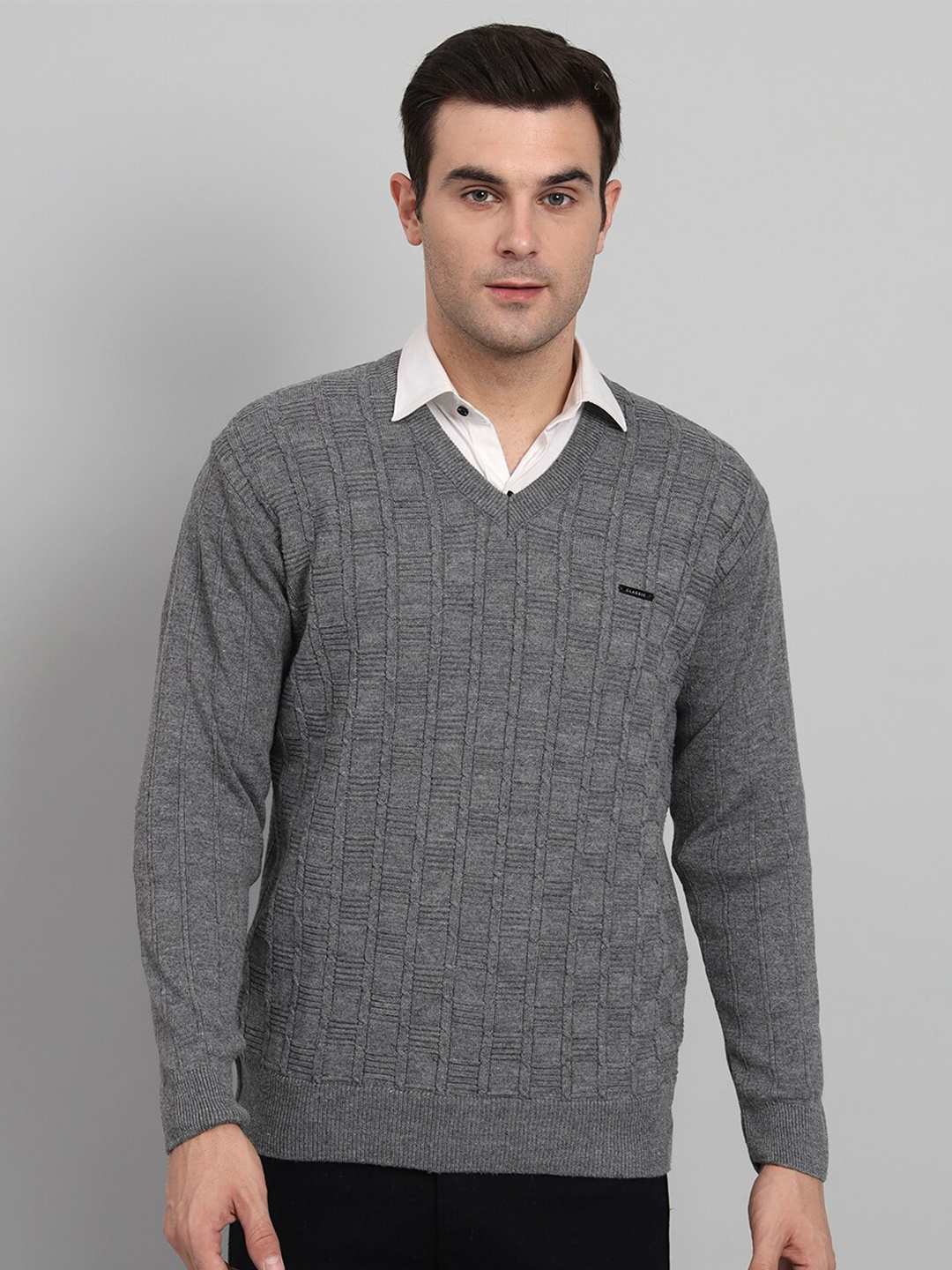 

eWools Geometric Self Design Woollen Pullover Sweater, Grey