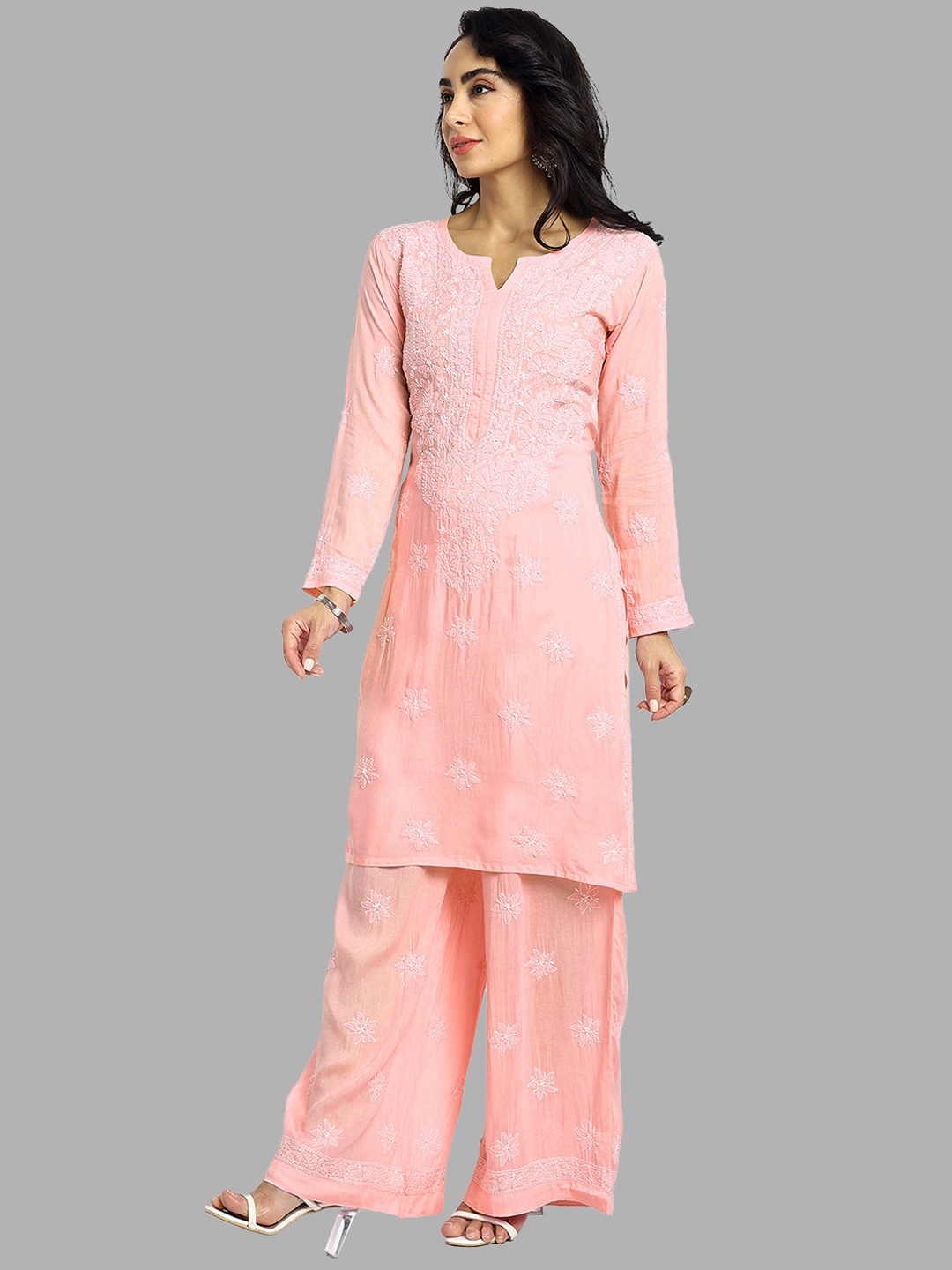 

ADA Floral Embroidered Long Sleeves Regular Lucknowi Chikankari Kurta With Palazzos, Peach