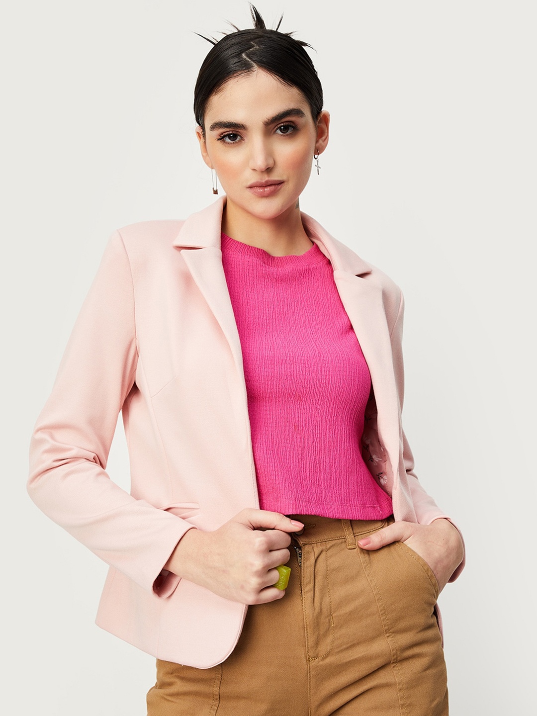 

max Notched Lapel Collar Open-Front Blazers, Pink