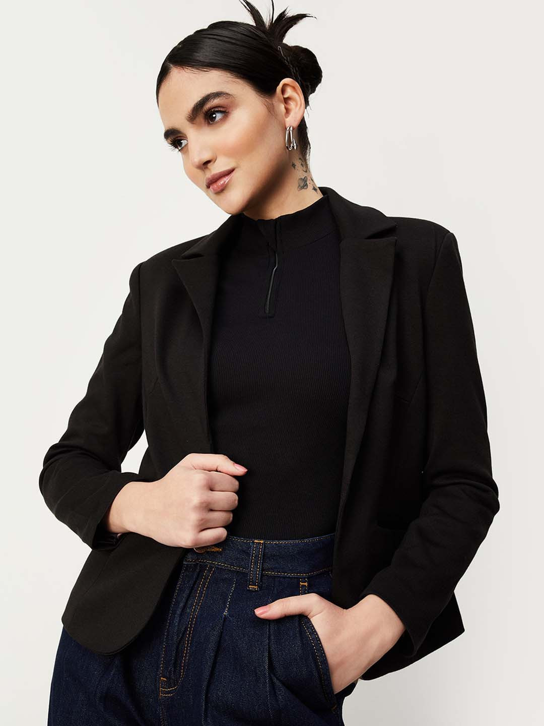 

max Slim Fit Notched Lapel Collar Open-Front Blazers, Black