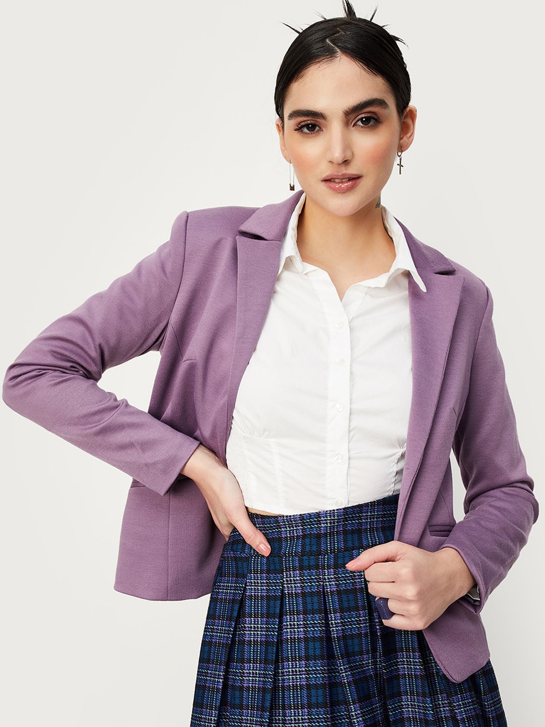 

max Notched Lapel Collar Open Front Blazer, Purple