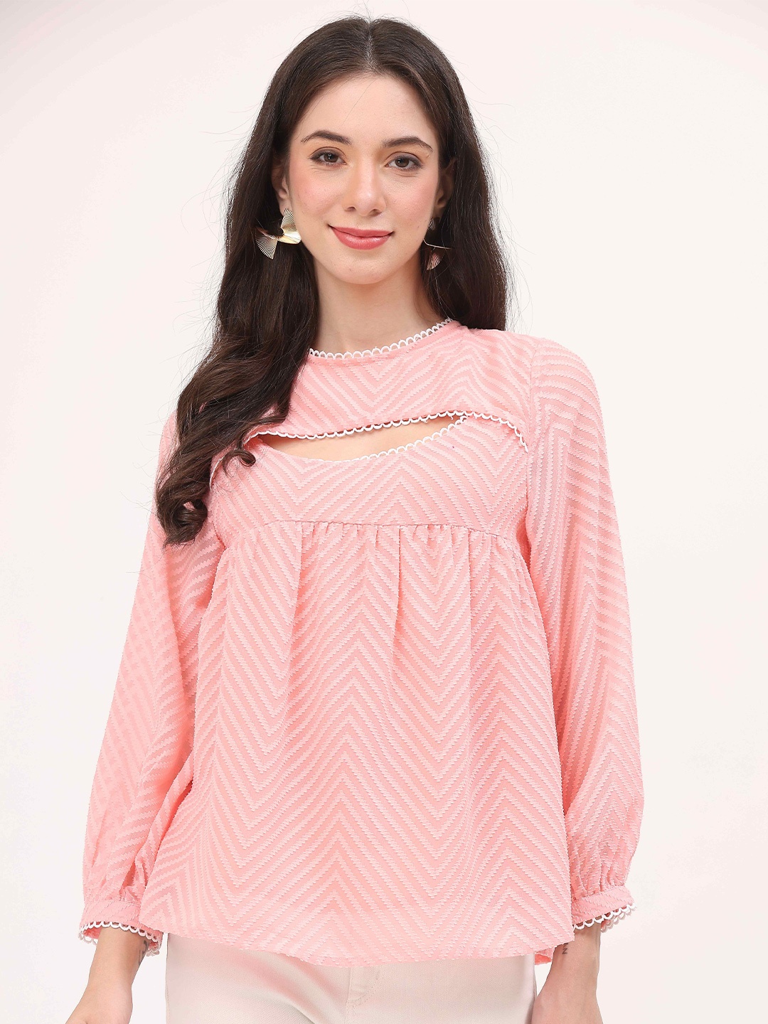 

TSM Cut-Out Detail Self Design Georgette Top, Pink