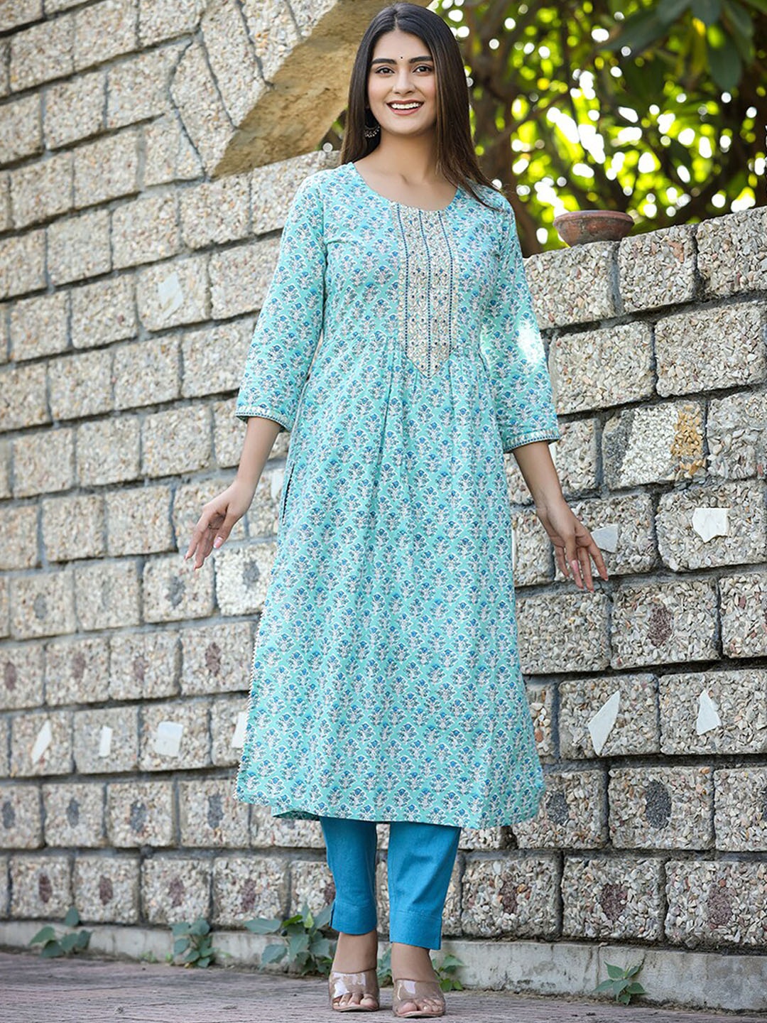 

KAAJH Floral Printed Mirror Work A-Line Pure Cotton Kurta with Trousers, Blue