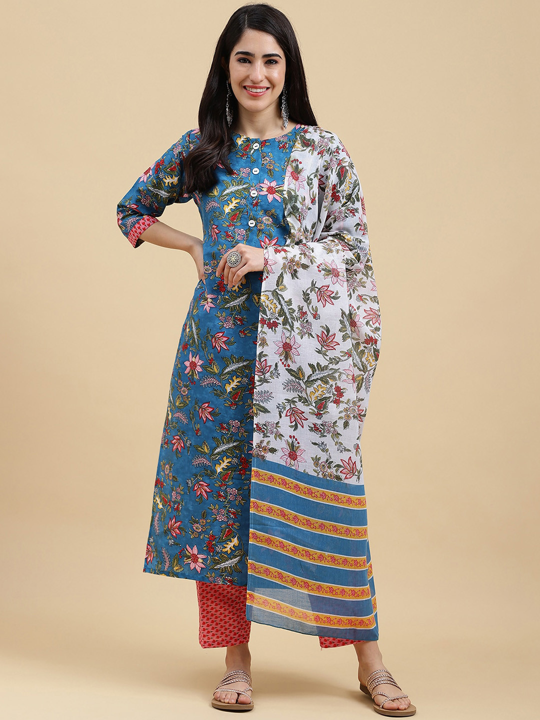 

J Turritopsis Floral Printed Regular Kurta With Trousers & Dupatta, Blue