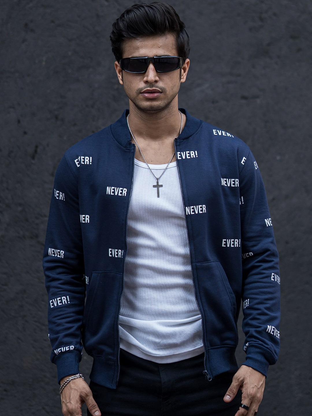 

Maniac Typography Printed Cotton Bomber, Navy blue