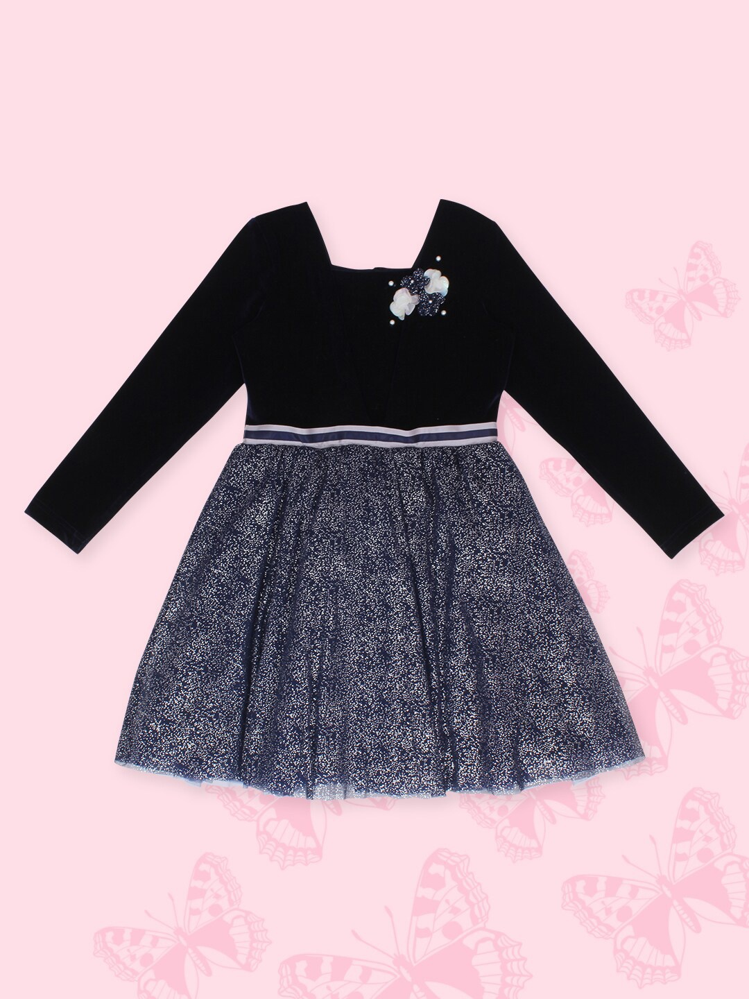 

CUTECUMBER Girls Print Velvet Fit & Flare Dress, Navy blue