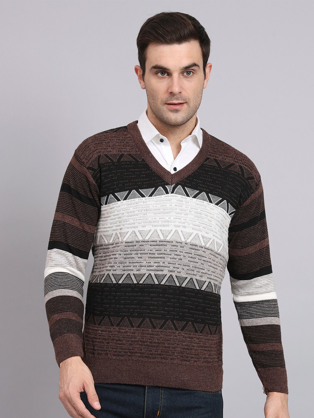 

eWools Geometric Printed Acrylic Wool Pullover Sweater, Brown