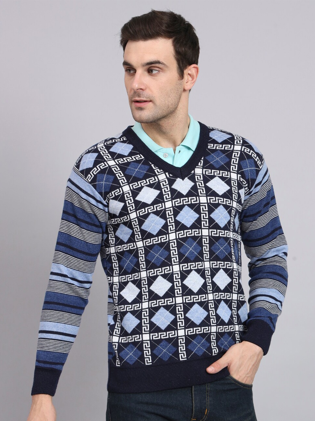 

eWools Geometric Self Design Woollen Pullover Sweatewr, Blue