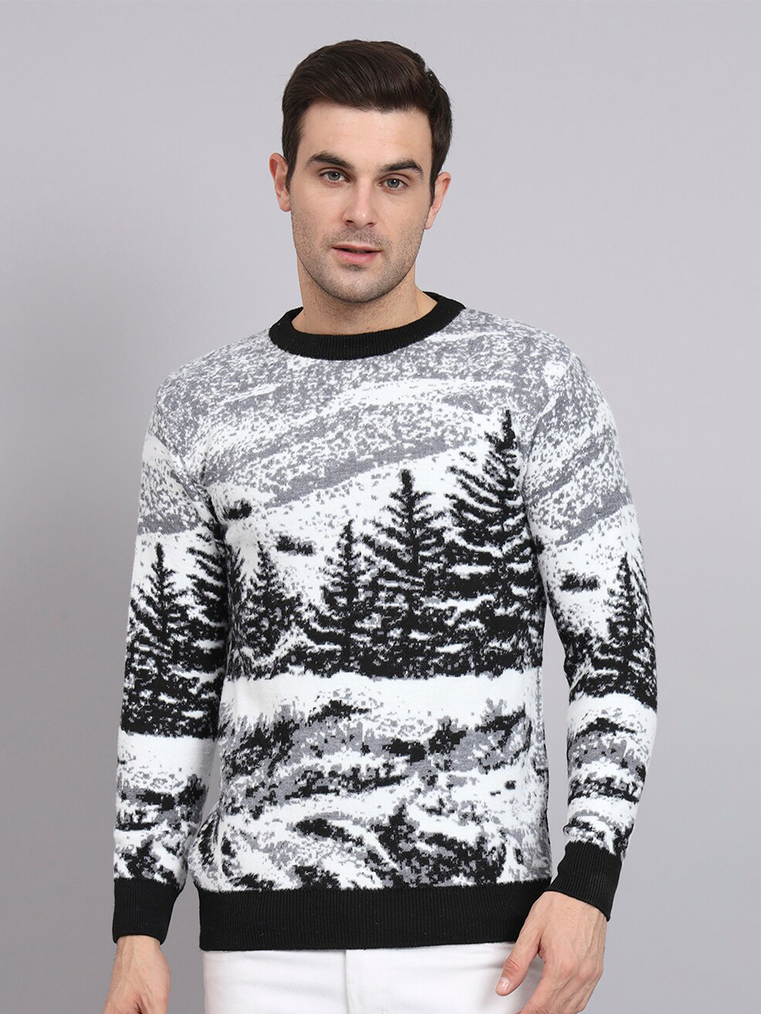 

eWools Tropical Printed Wool Pullover Sweater, Black