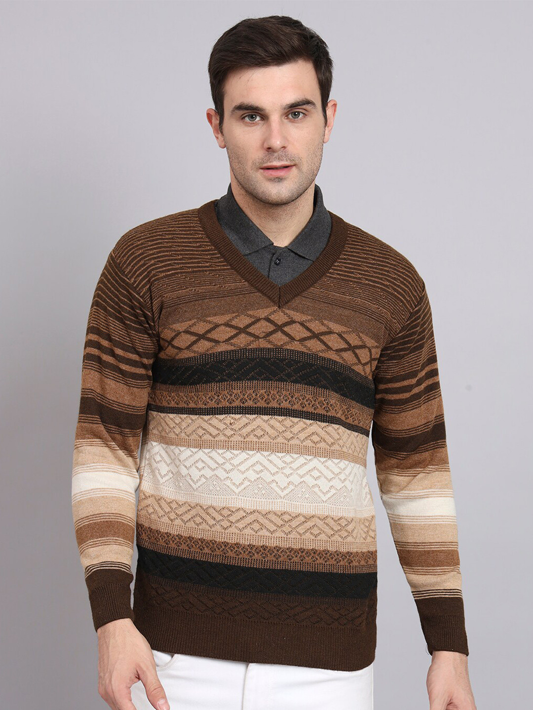 

eWools Geometric Self Designed Pure Wool Pullover, Beige
