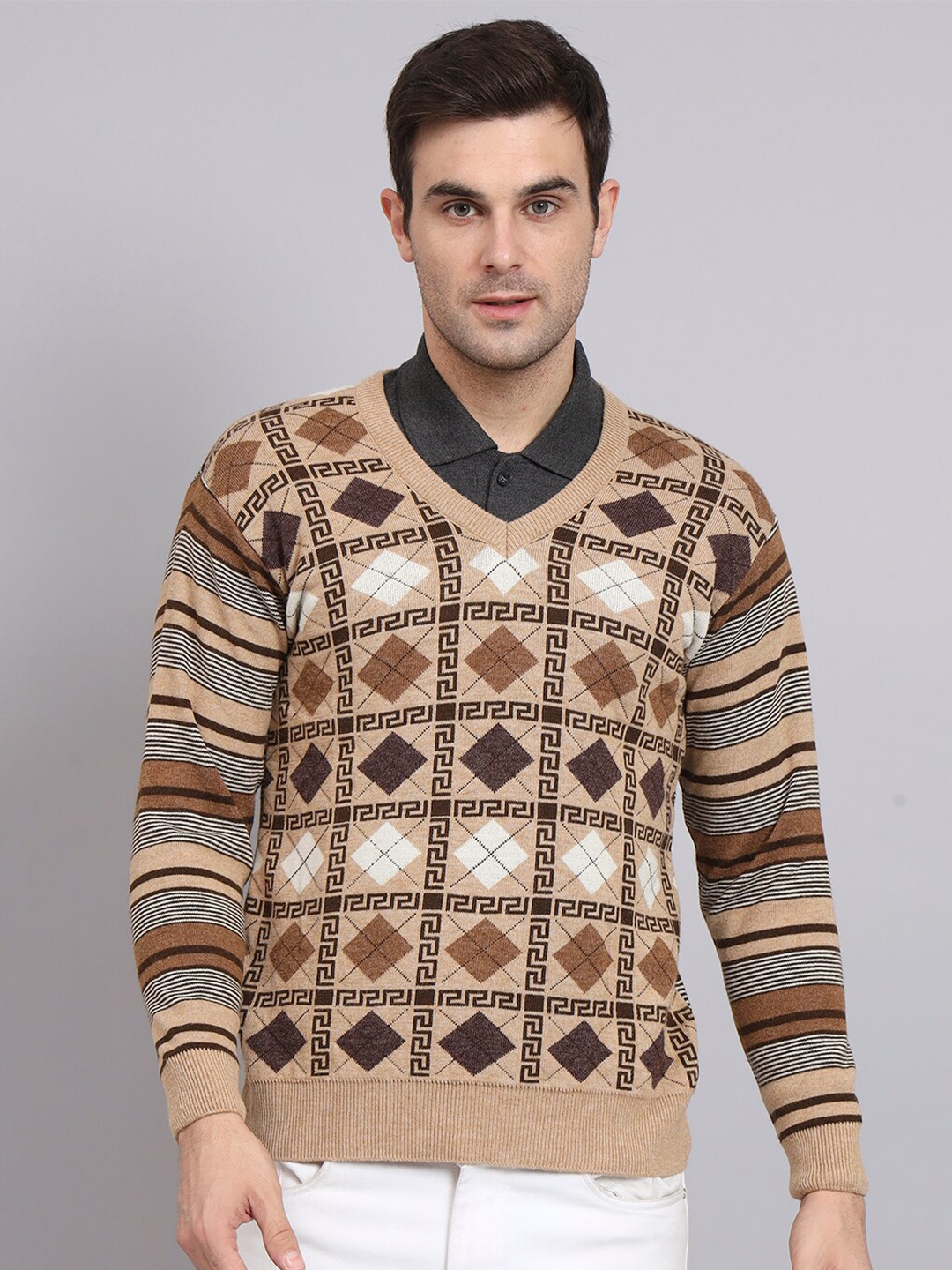 

eWools Geometric Self Designed Pure Wool Pullover, Beige
