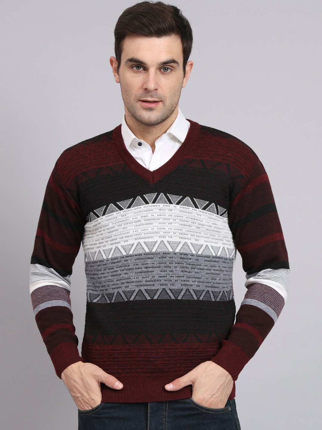 

eWools Cable Knit Self Designed Pure Wool Pullover, Maroon