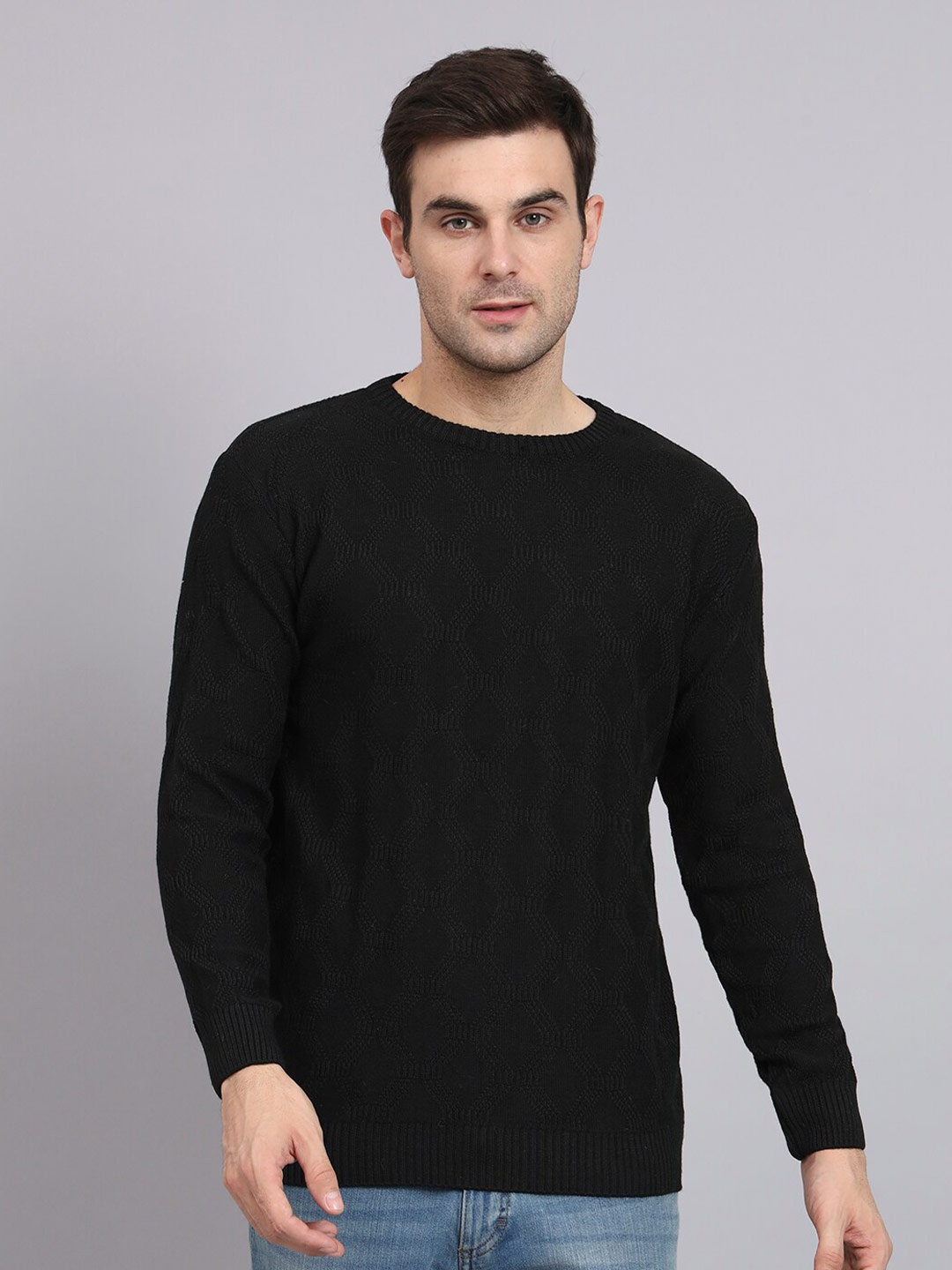 

eWools Cable Knit Self Designed Pure Wool Pullover, Black