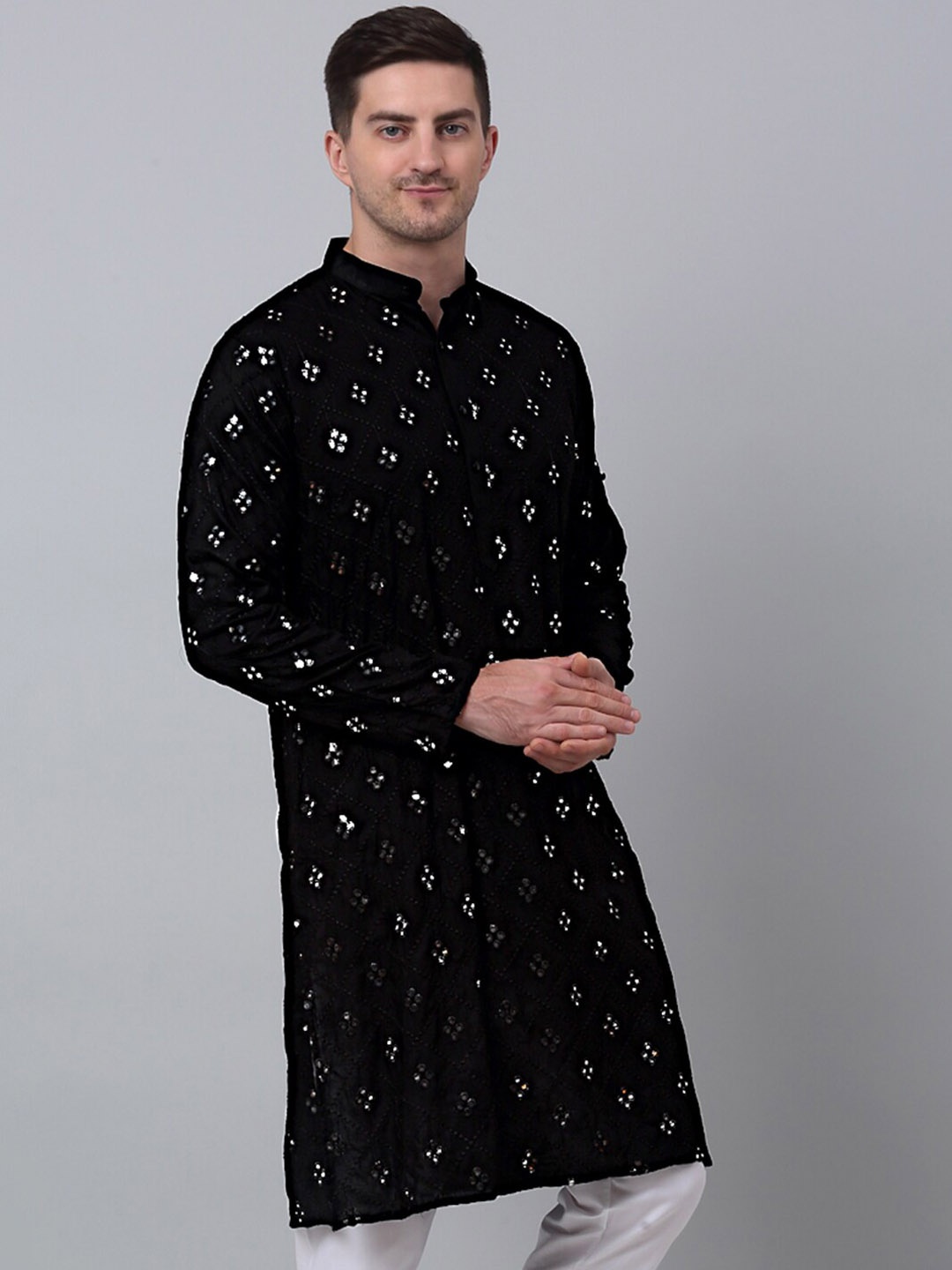 

Jompers Mandarin Collar Embroidered Mirror Work Pure Cotton Kurta, Black