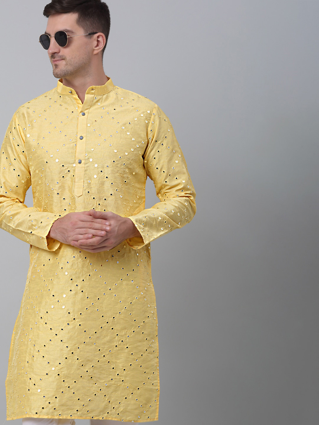 

Jompers Mandarin Collar Mirror Work Pure Silk Kurta, Yellow