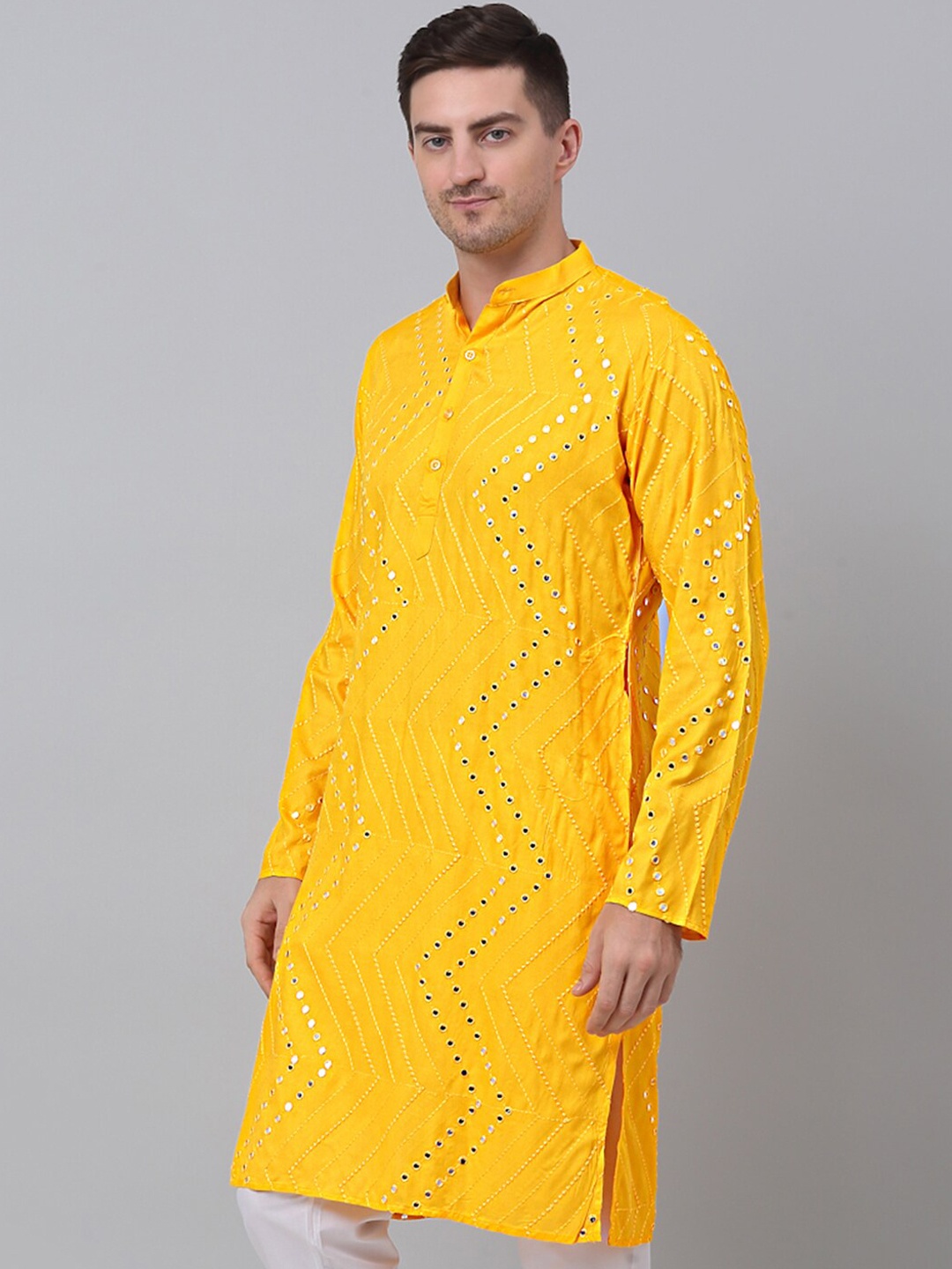 

Jompers Mandarin Collar Embroidered Mirror Work Pure Cotton Kurta, Yellow