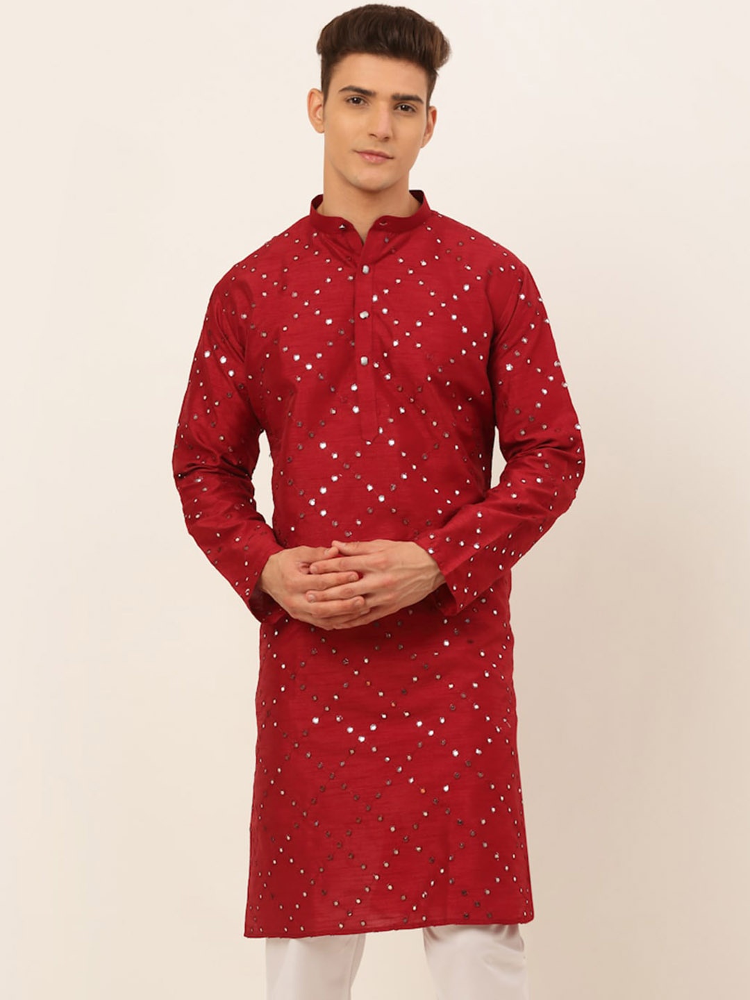 

Jompers Mandarin Collar Mirror Work Pure Silk Kurta, Maroon