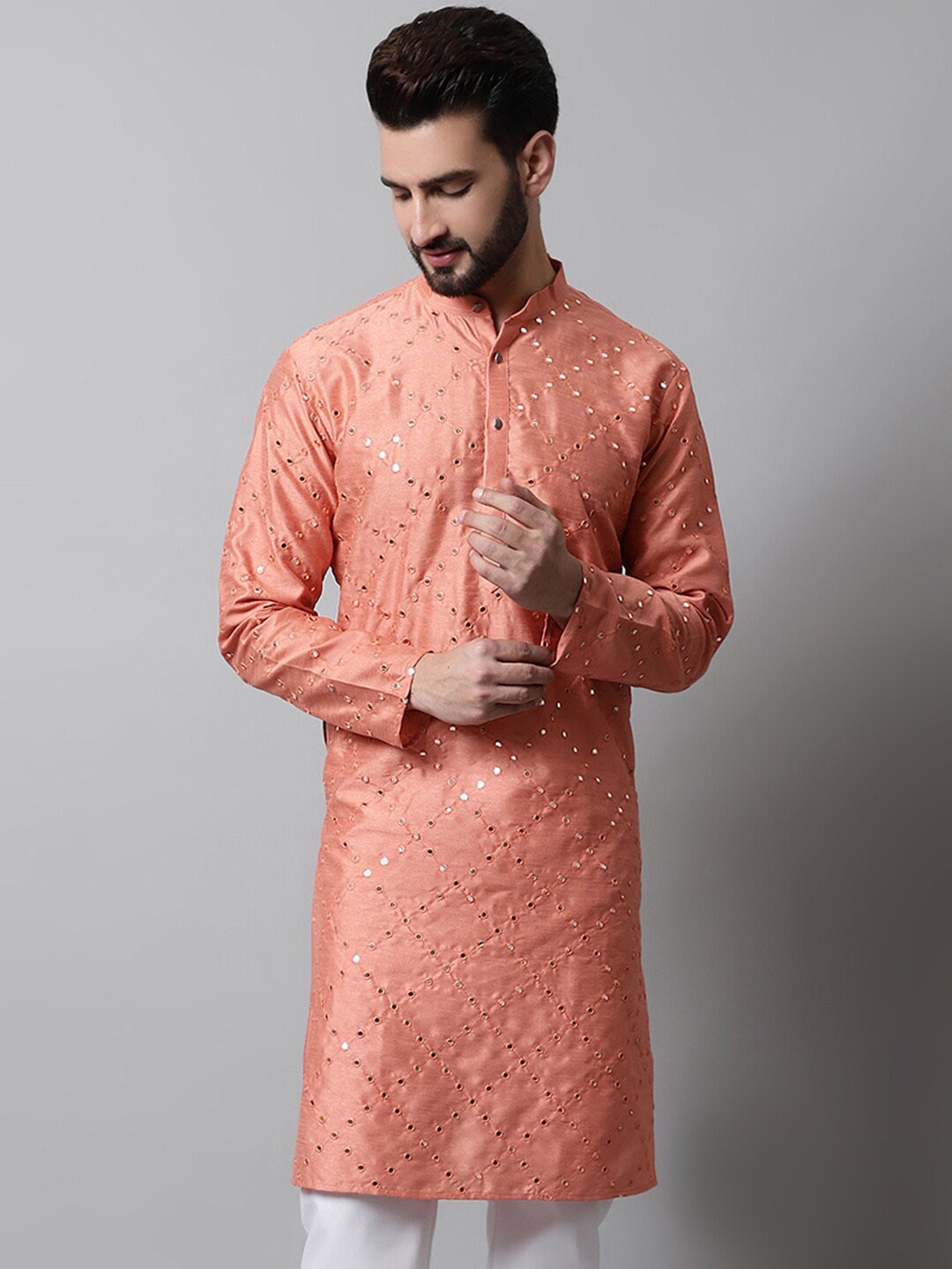 

Jompers Mandarin Collar Mirror Work Pure Silk Kurta, Peach