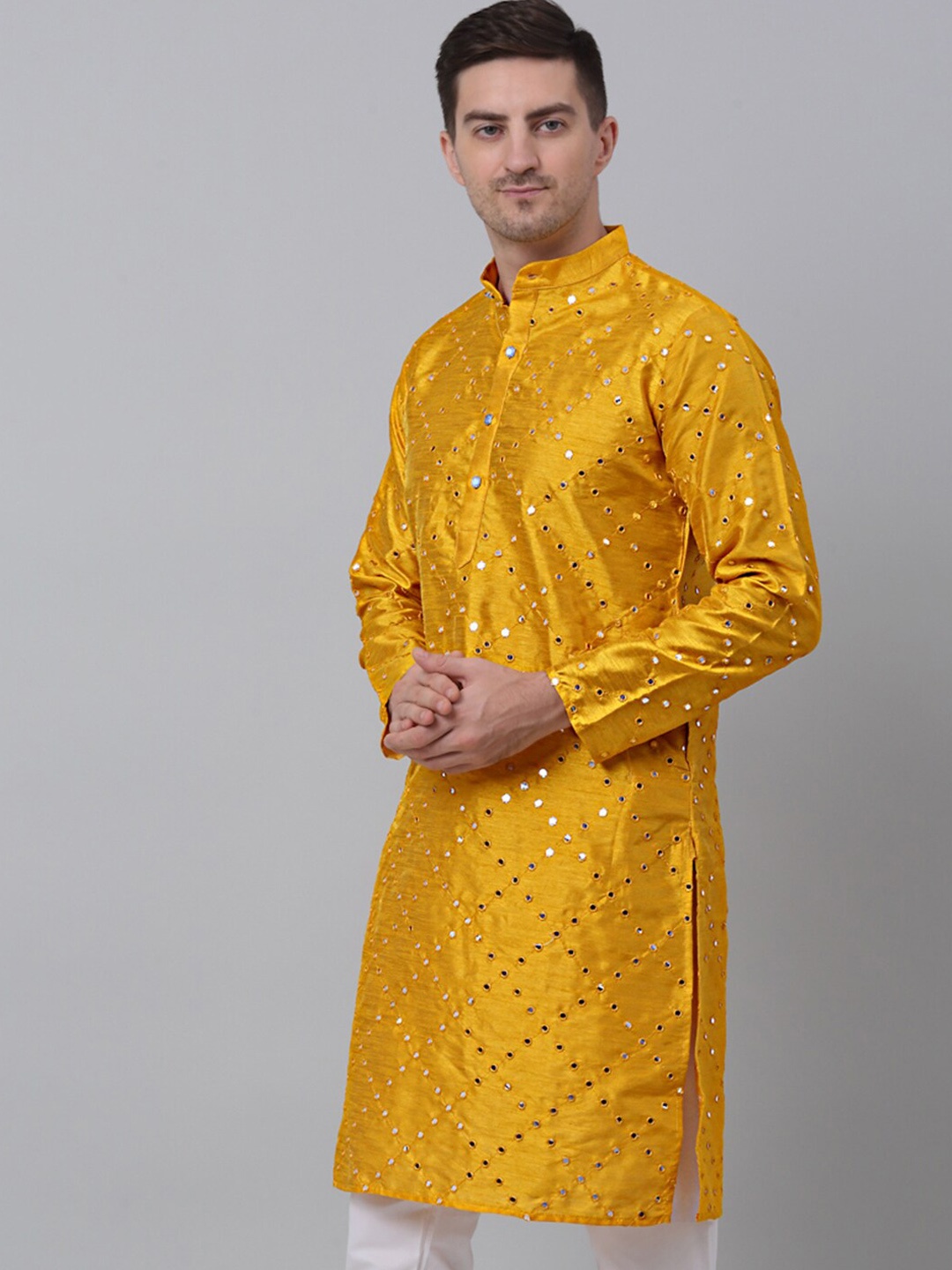 

Jompers Geometric Embroidered Mirror Work Regular Kurta, Mustard