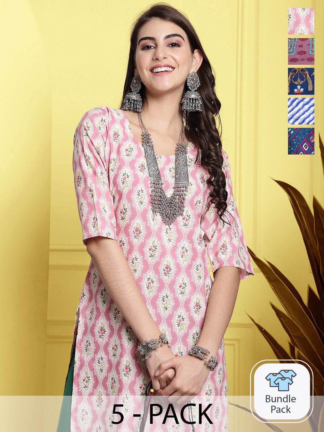 

7Threads Pack Of 5 Printed Round Neck Straight Kurtas, Pink