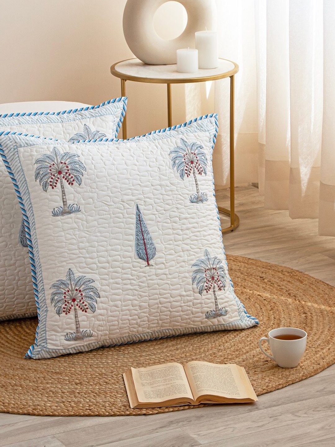 

HOMEMONDE Blue & White 2 Pieces Floral Cotton Square Cushion Covers