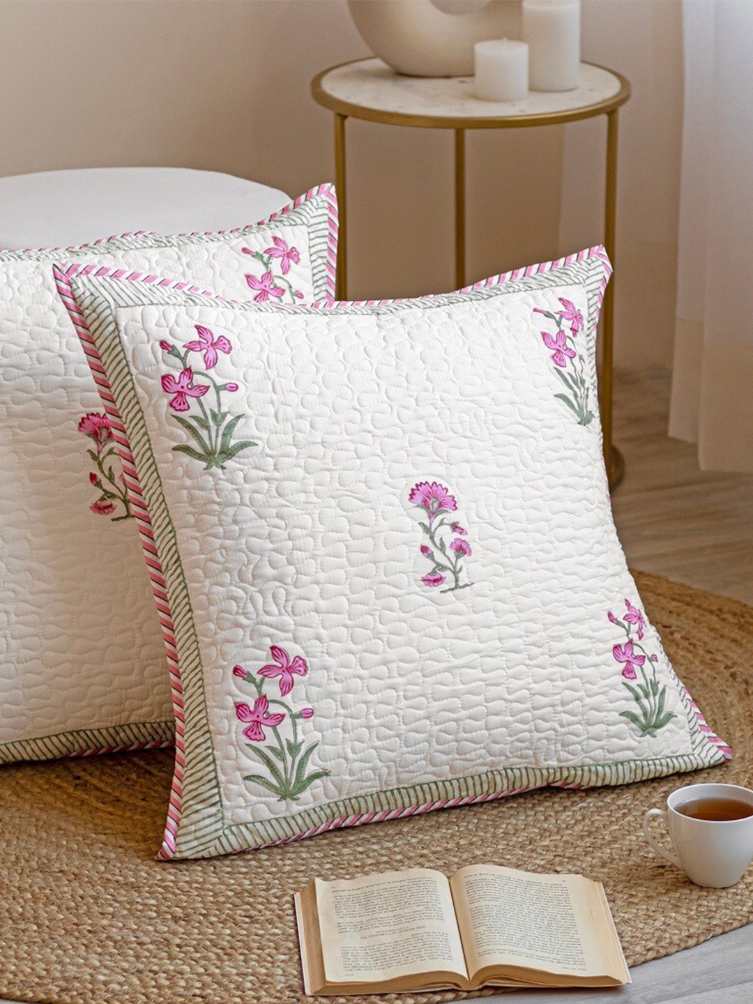 

HOMEMONDE Pink & White 2 Pieces Floral Cotton Square Cushion Covers