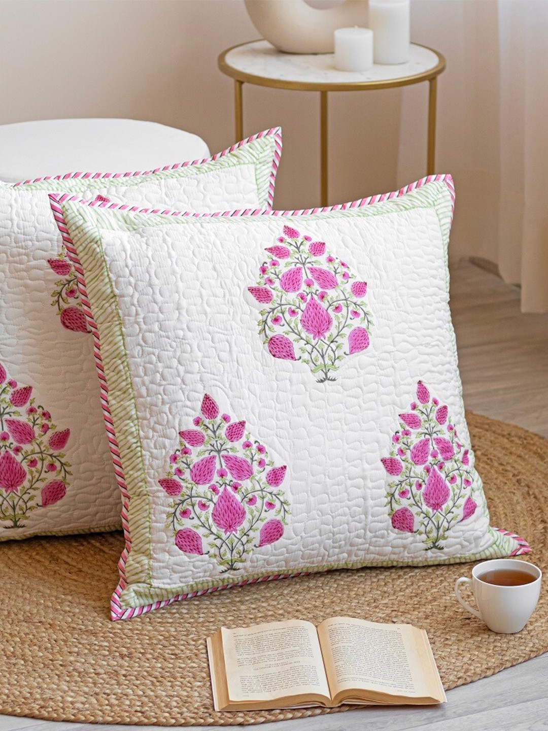 

HOMEMONDE Pink & White 2 Pieces Floral Square Cotton Cushion Covers