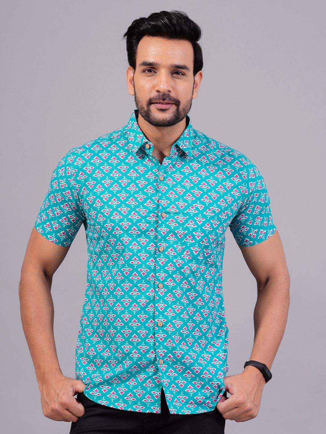 

JAIPURI COLLECTION Floral Printed Cotton Standard Opaque Casual Shirt, Turquoise blue