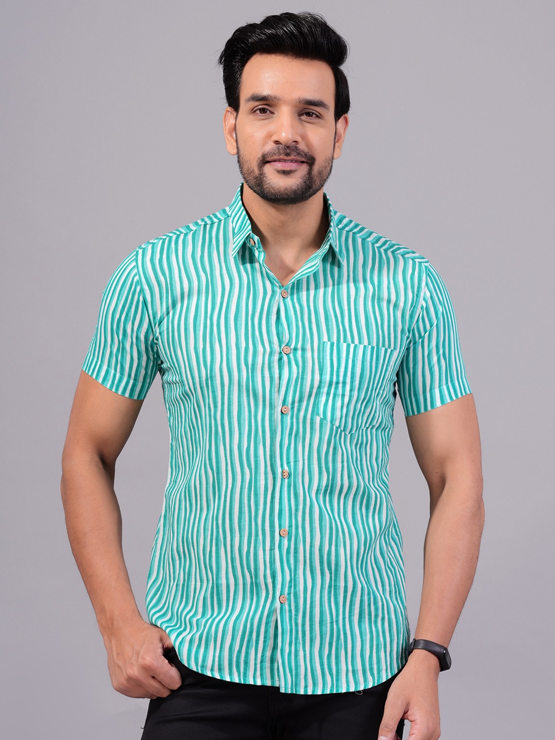 

JAIPURI COLLECTION Striped Cotton Standard Opaque Casual Shirt, Turquoise blue