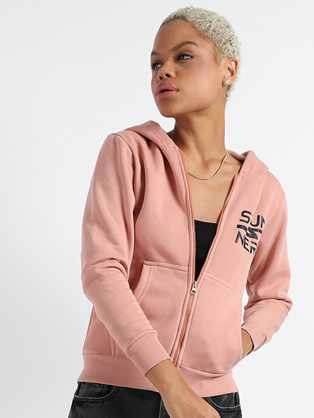 

Campus Sutra Typography Printed Hooded Cotton Front-Open Sweatshirt, Pink