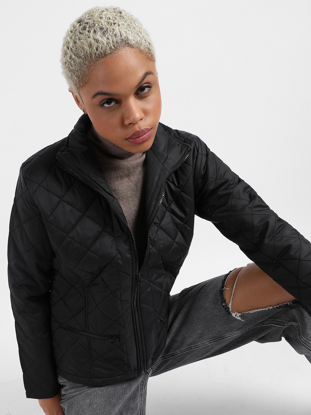 

Campus Sutra Black Windcheater Mock Collar Quilted Jacket