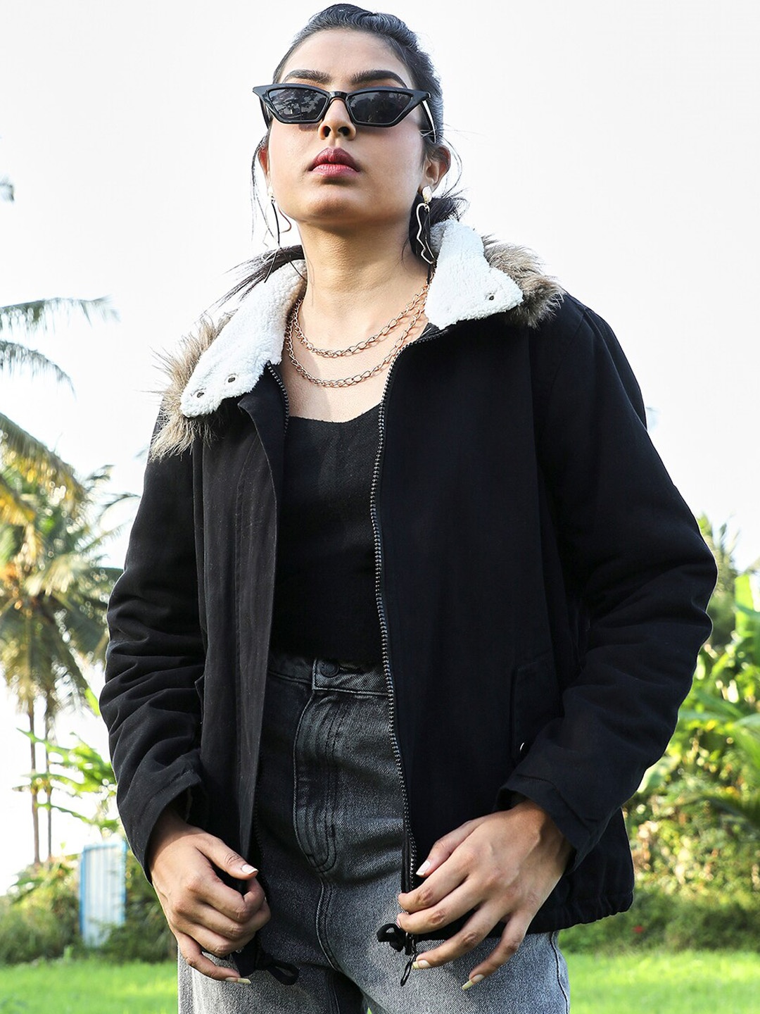 

Campus Sutra Black Windcheater Hooded Parka Jacket