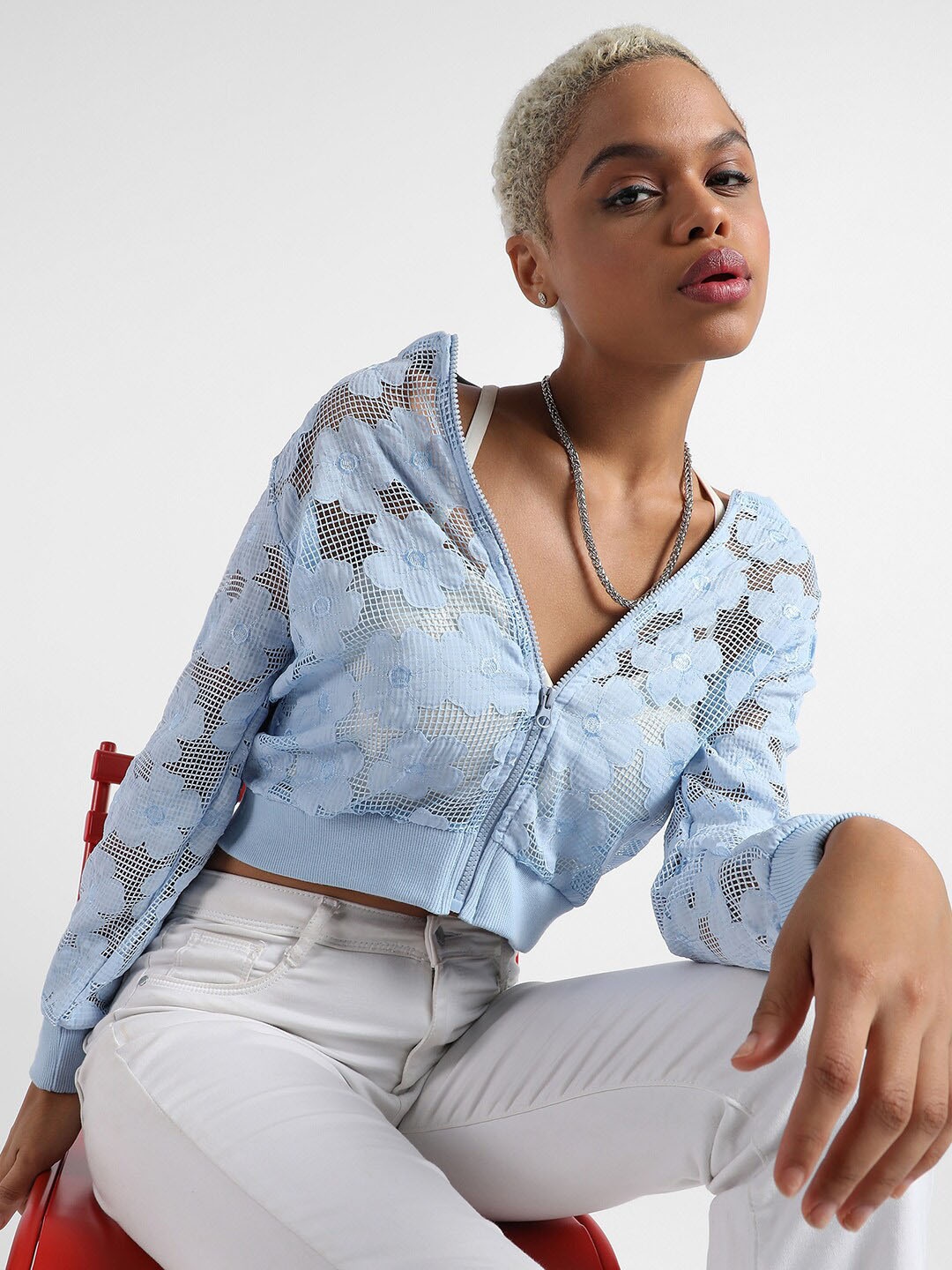 

Campus Sutra Blue Windcheater Floral Self Designed Tailored Jacket