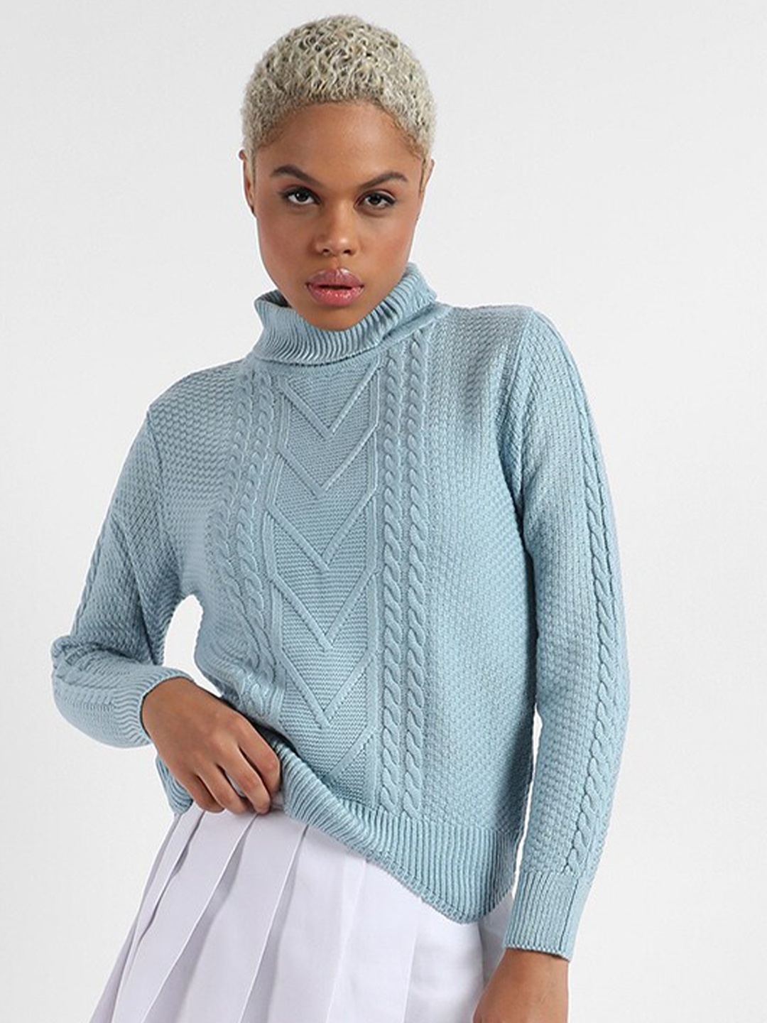 

Campus Sutra Blue Cable Knit Self Design Turtle Neck Acrylic Pullover