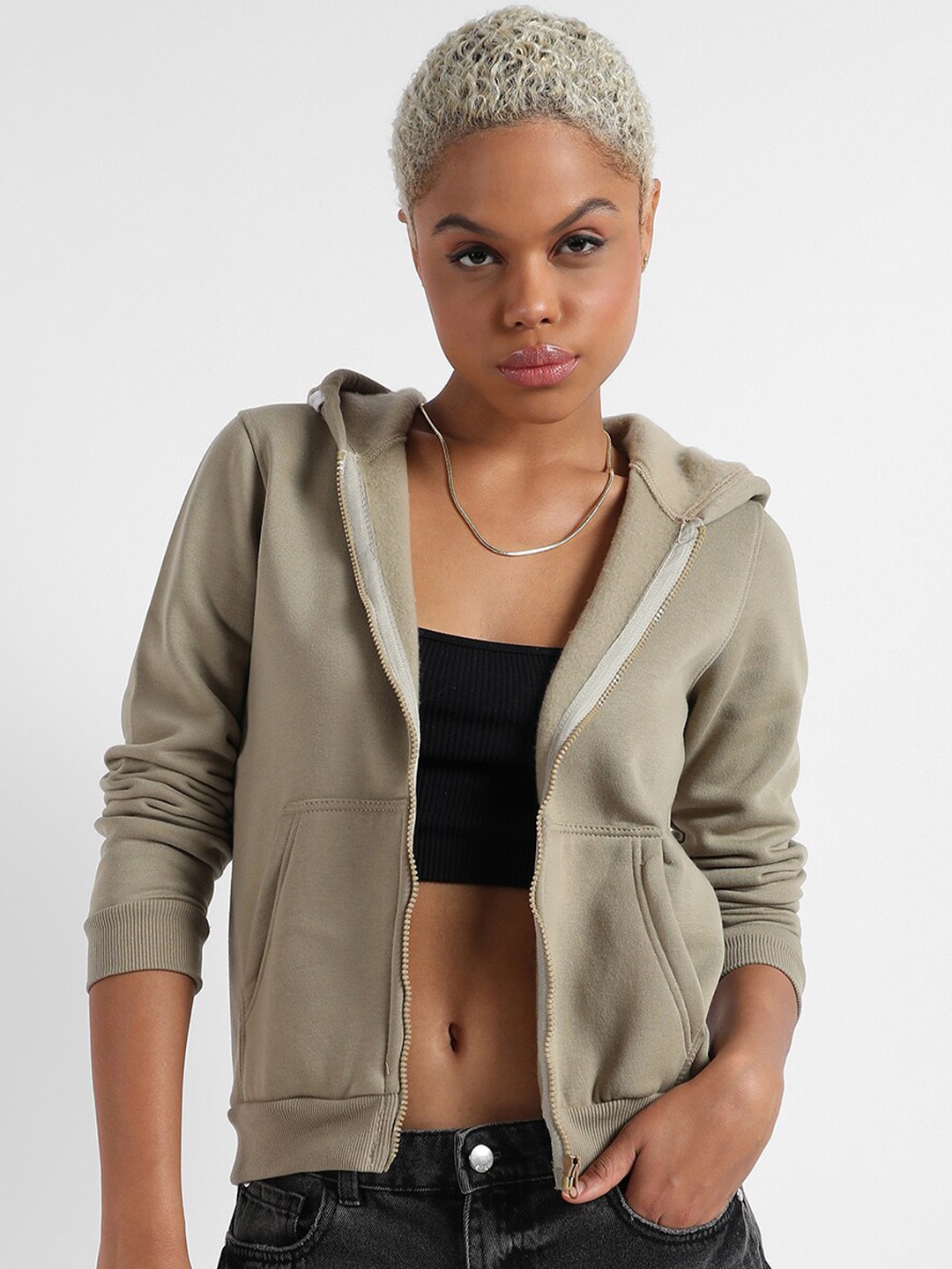 

Campus Sutra Hooded Cotton Front-Open Sweatshirt, Green