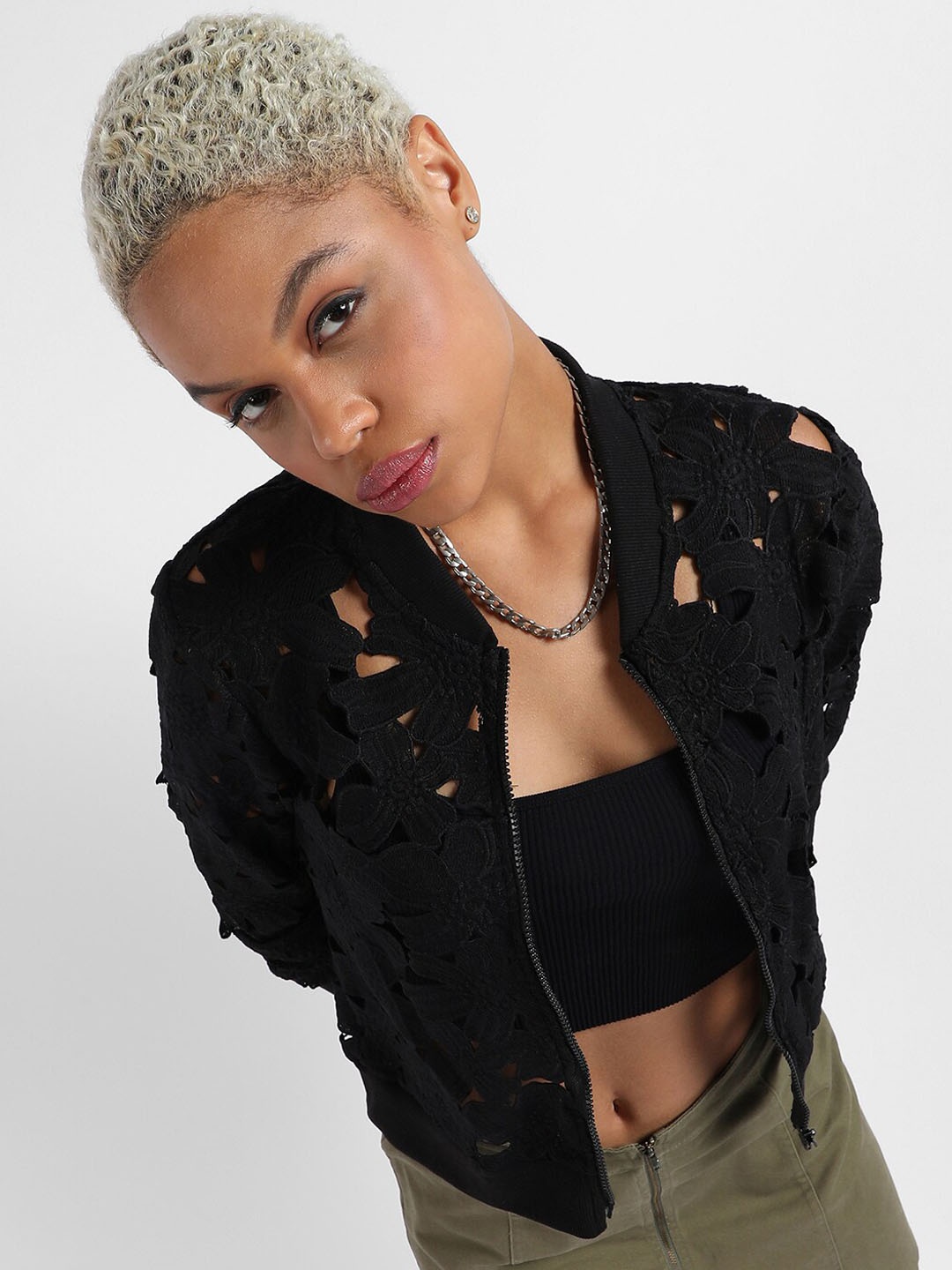 

Campus Sutra Stand Collar Windcheater Bomber Jacket, Black