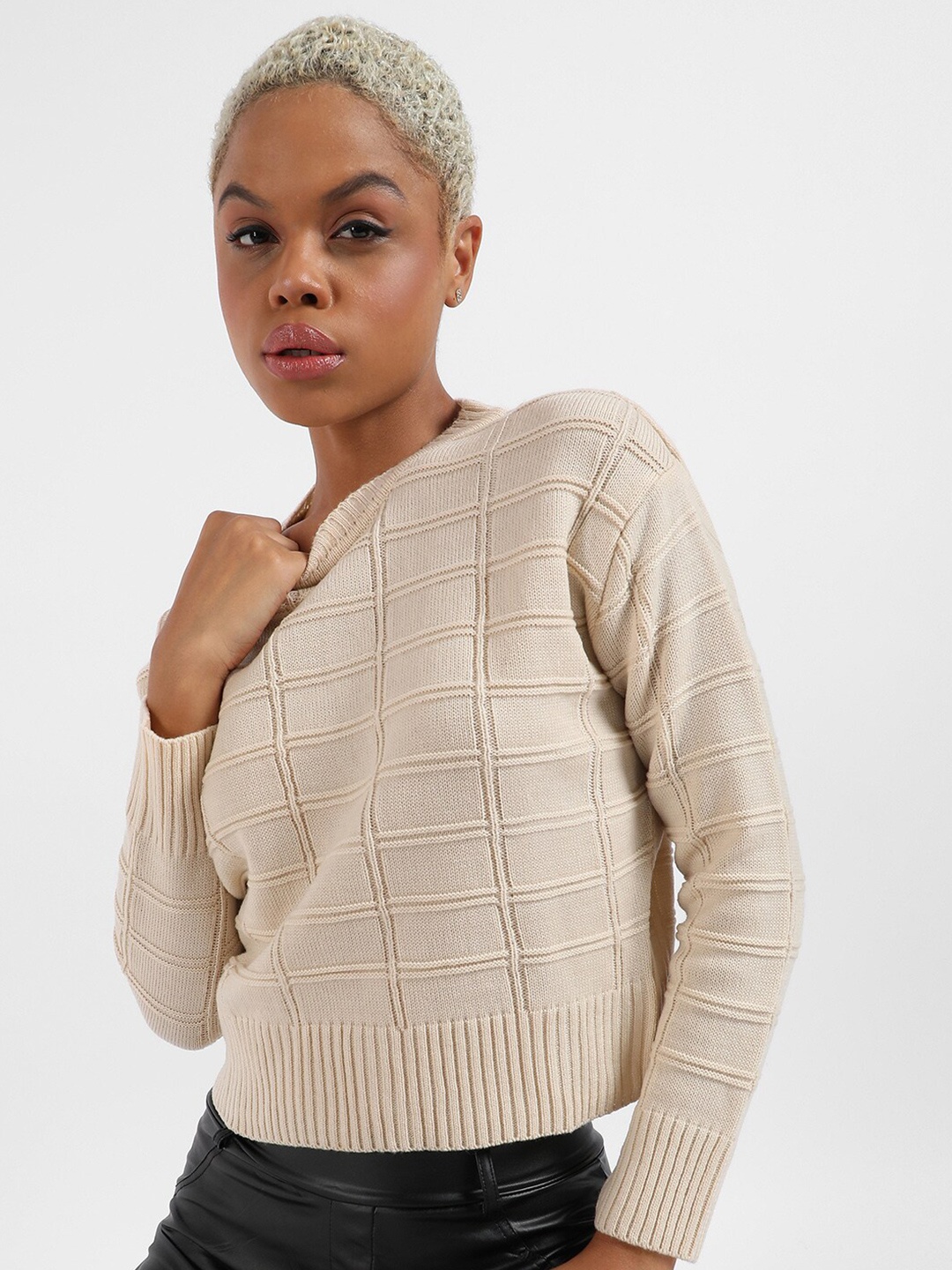 

Campus Sutra Cable Knit Crop Pullover Sweater, Beige