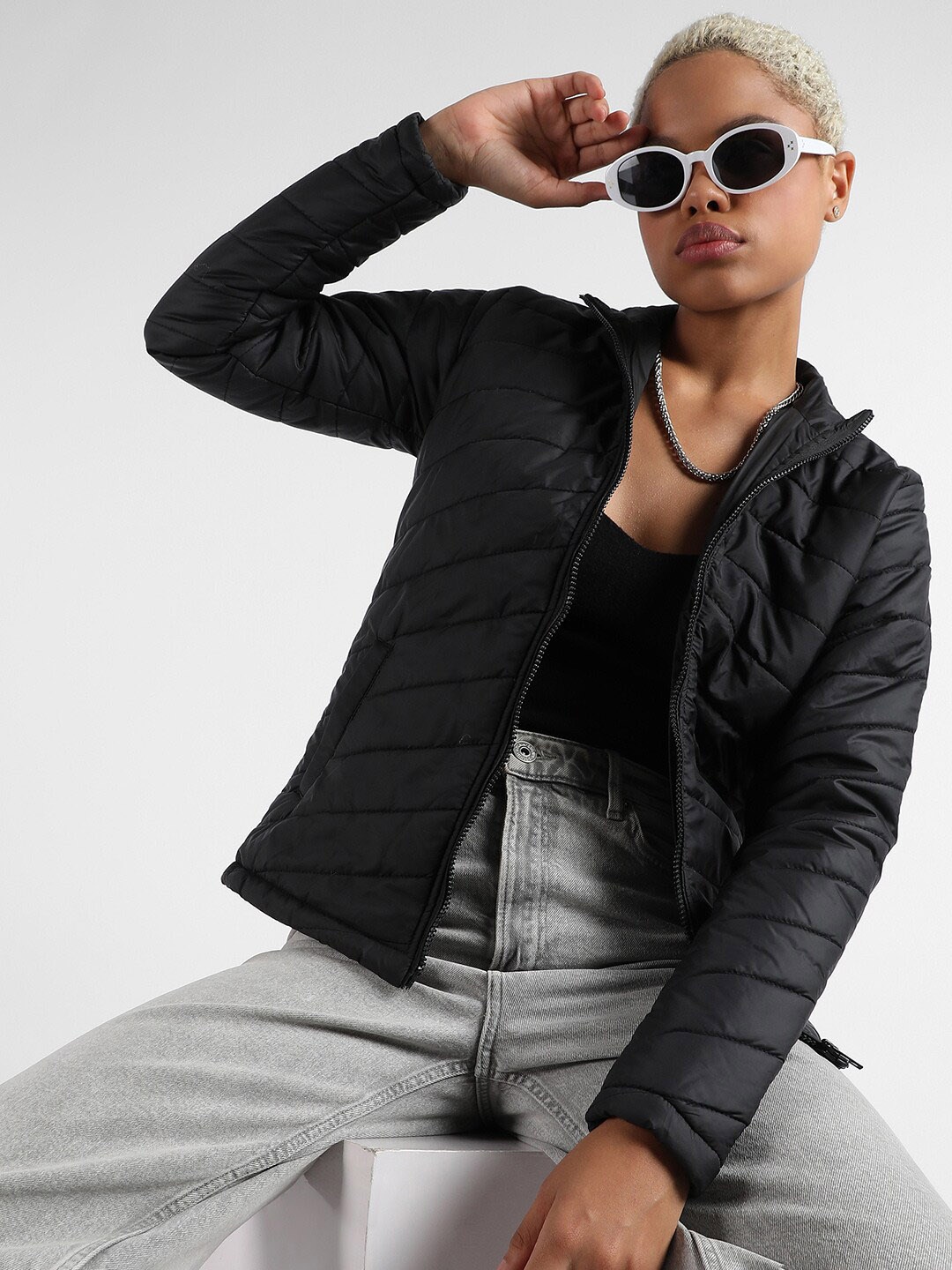 

Campus Sutra Mock Collar Windcheater Puffer Jacket, Black