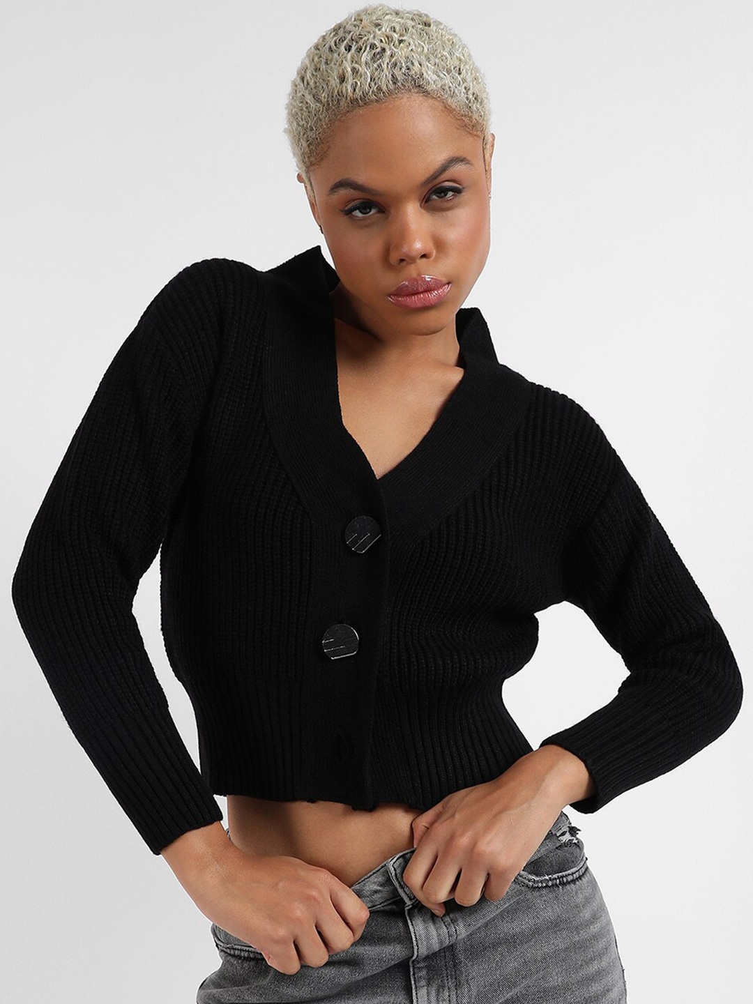 

Campus Sutra Ribbed Crop Cardigan Sweater, Black