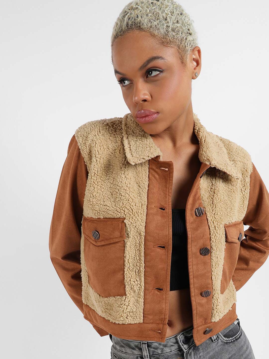 

Campus Sutra Self Design Spread Collar Windcheater Crop Tailored Jacket, Brown
