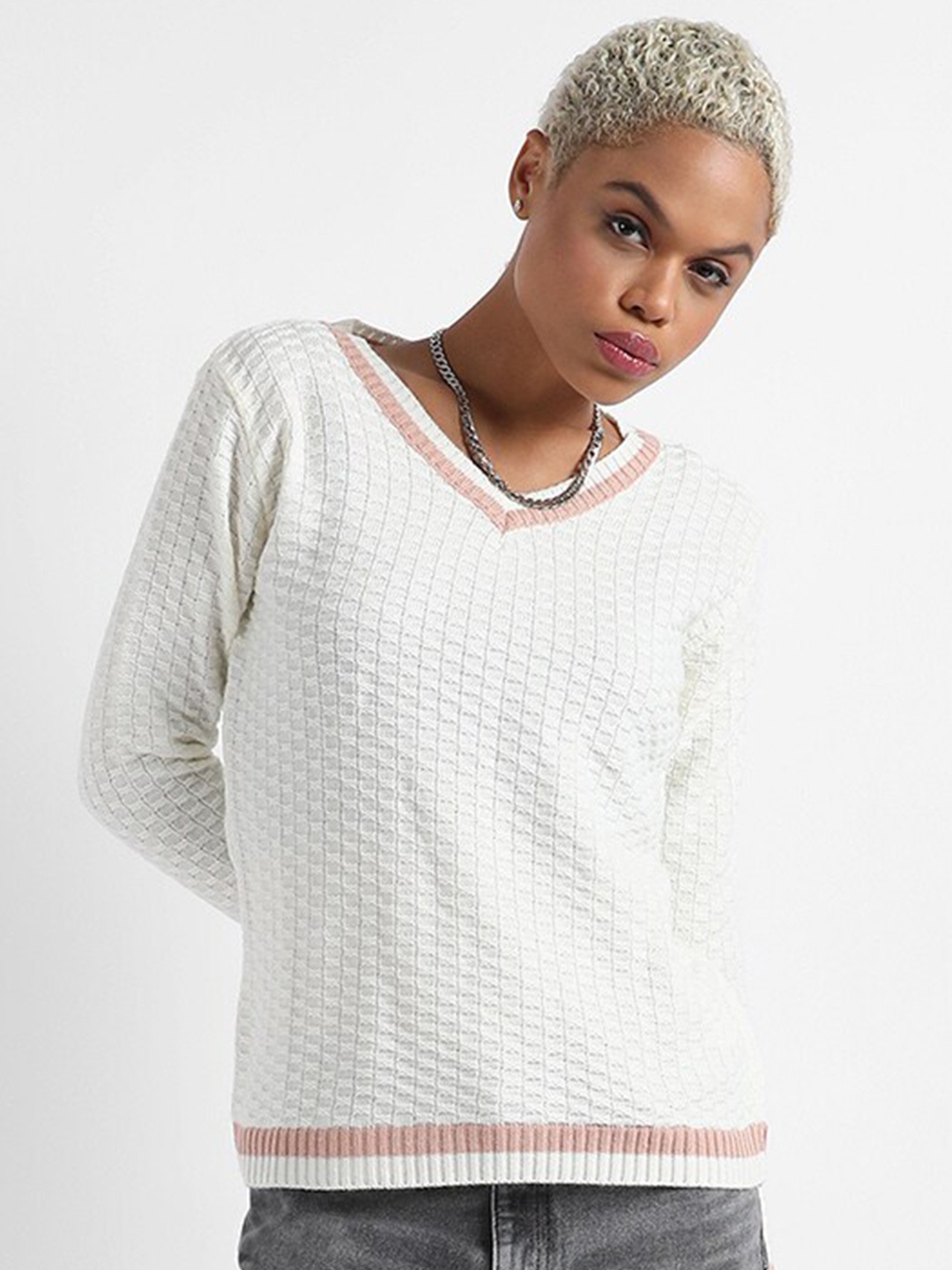 

Campus Sutra Cable Knit Pullover Sweater, White