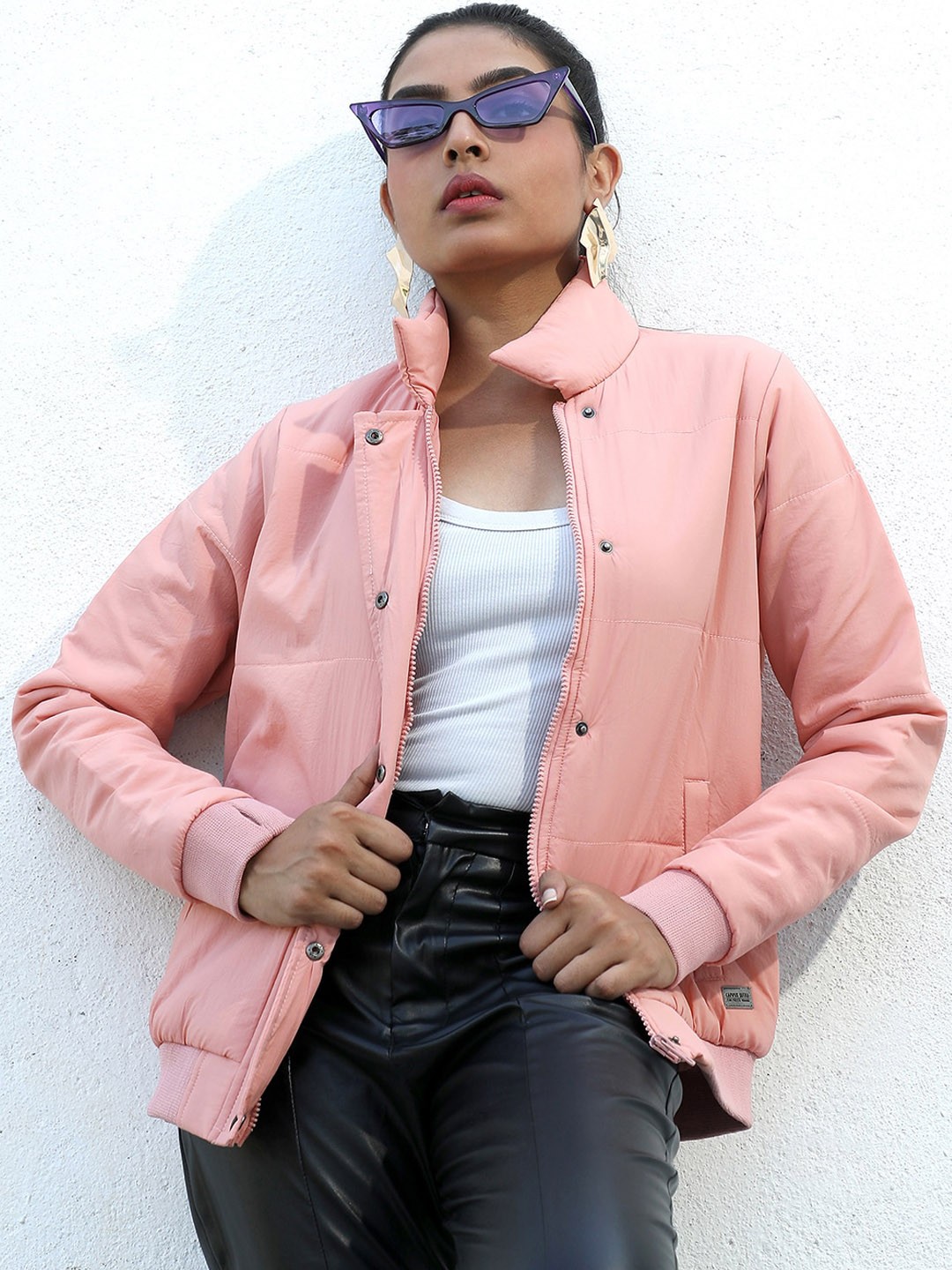 

Campus Sutra Mock Collar Windcheater Longline Padded Jacket, Pink