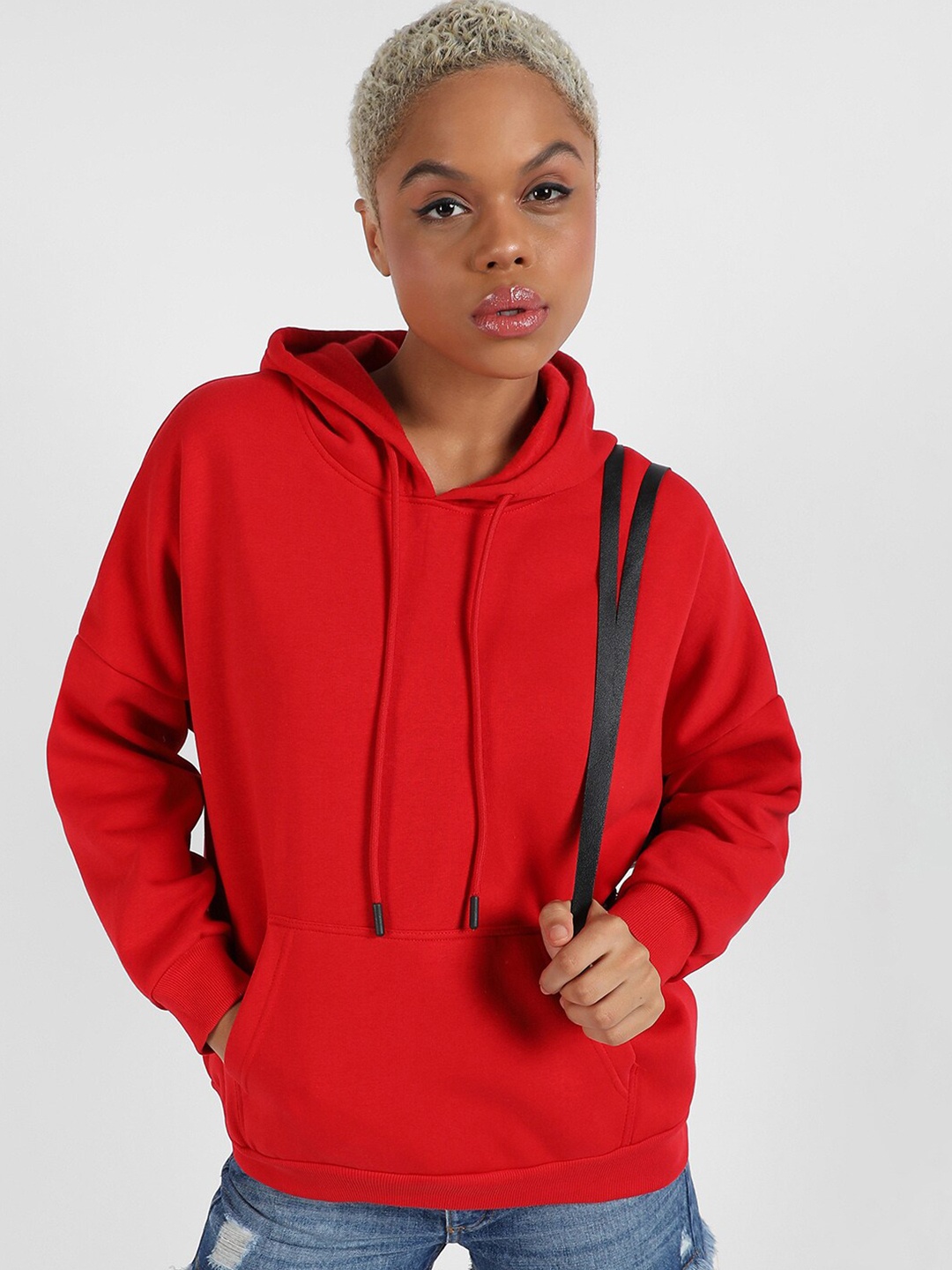 

Campus Sutra Hooded Cotton Oversized Pullover, Red