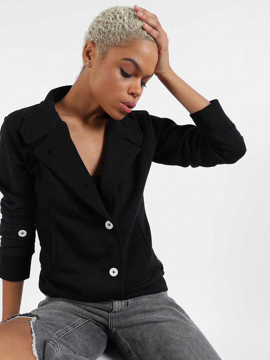 

Campus Sutra Black Lapel Collar Windcheater Cotton Tailored Jacket