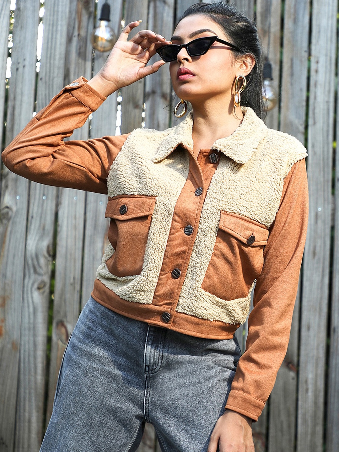 

Campus Sutra Spread Collar Faux Fur Trim Windcheater Crop Bomber Jacket, Brown