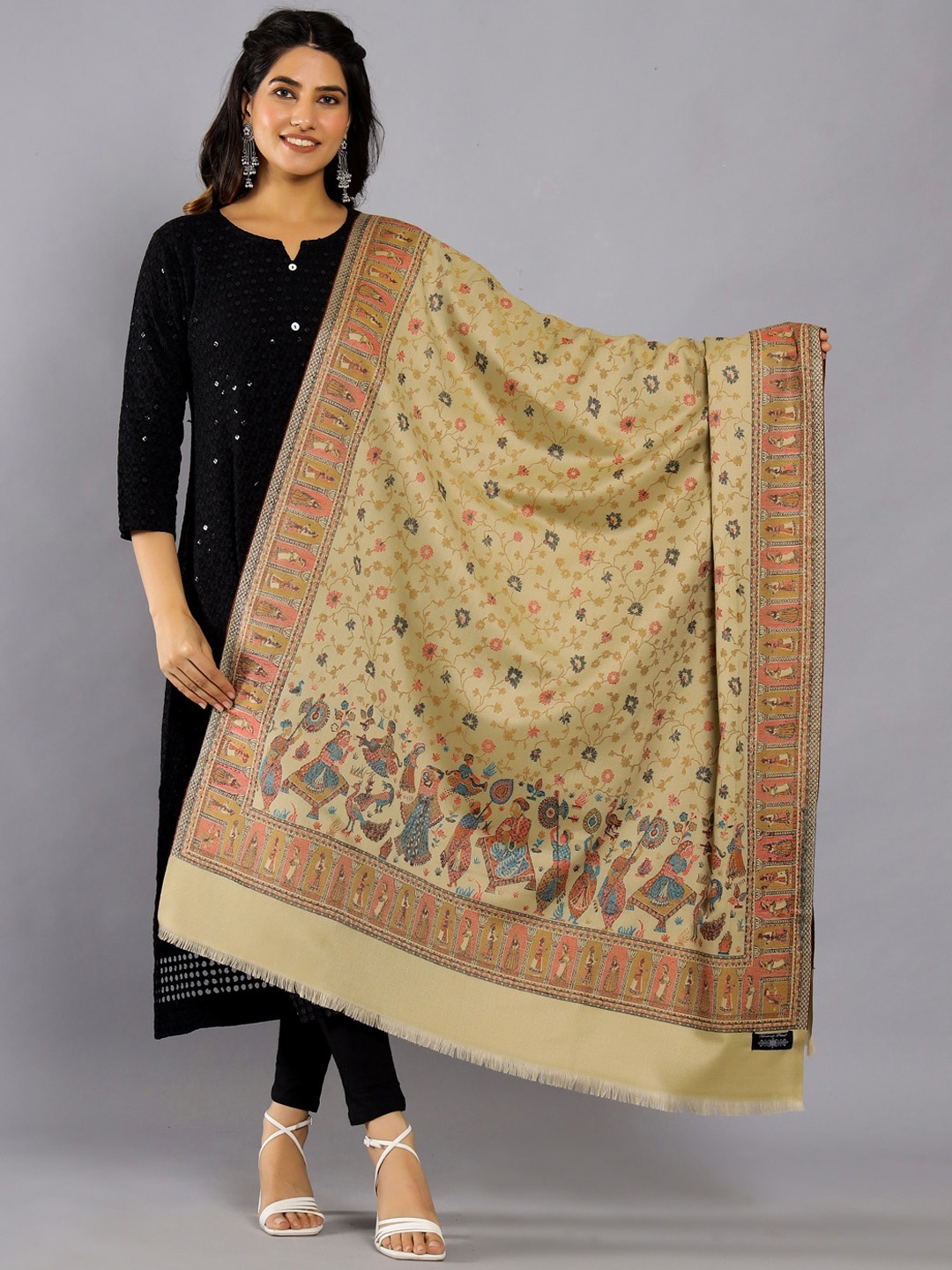 

HANDICRAFT PALACE Women Ethnic Motifs Woven Design Shawl, Beige