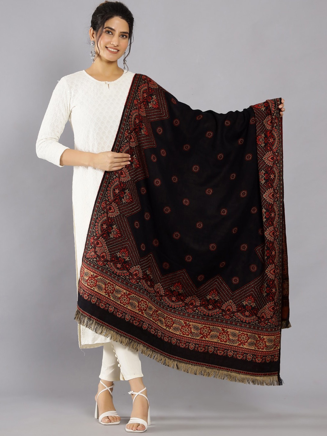 

HANDICRAFT PALACE Ethnic Motifs Woven Design Wool Jamawar Shawl, Black