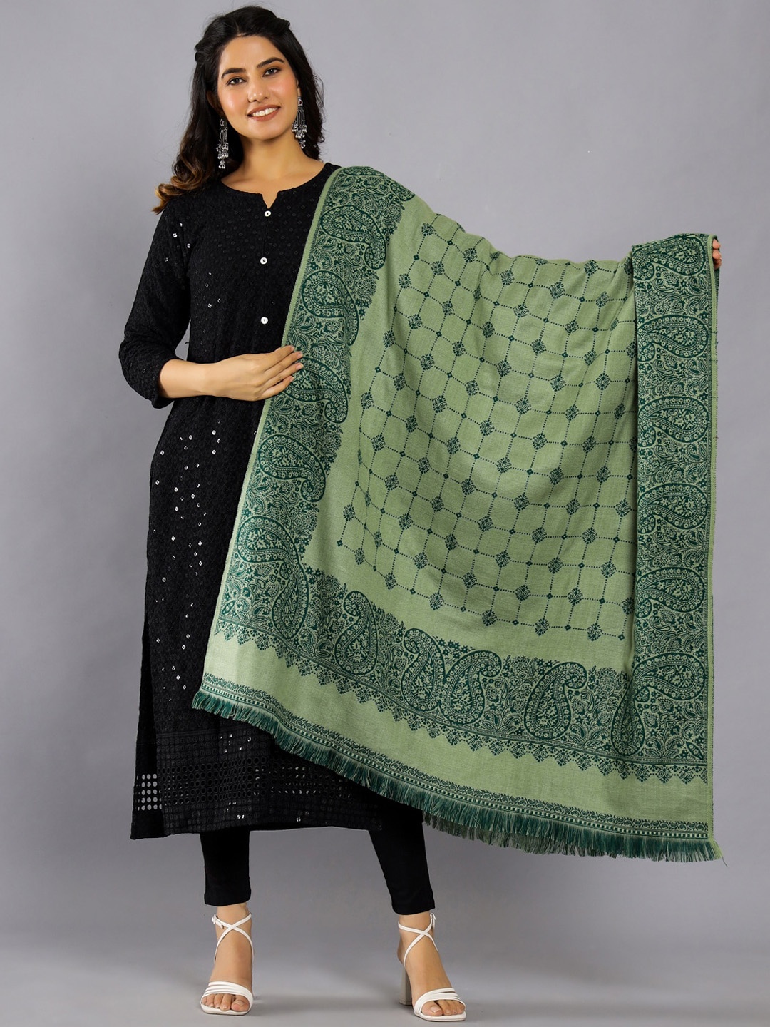 

HANDICRAFT PALACE Woven Design Jamawar Shawl, Green
