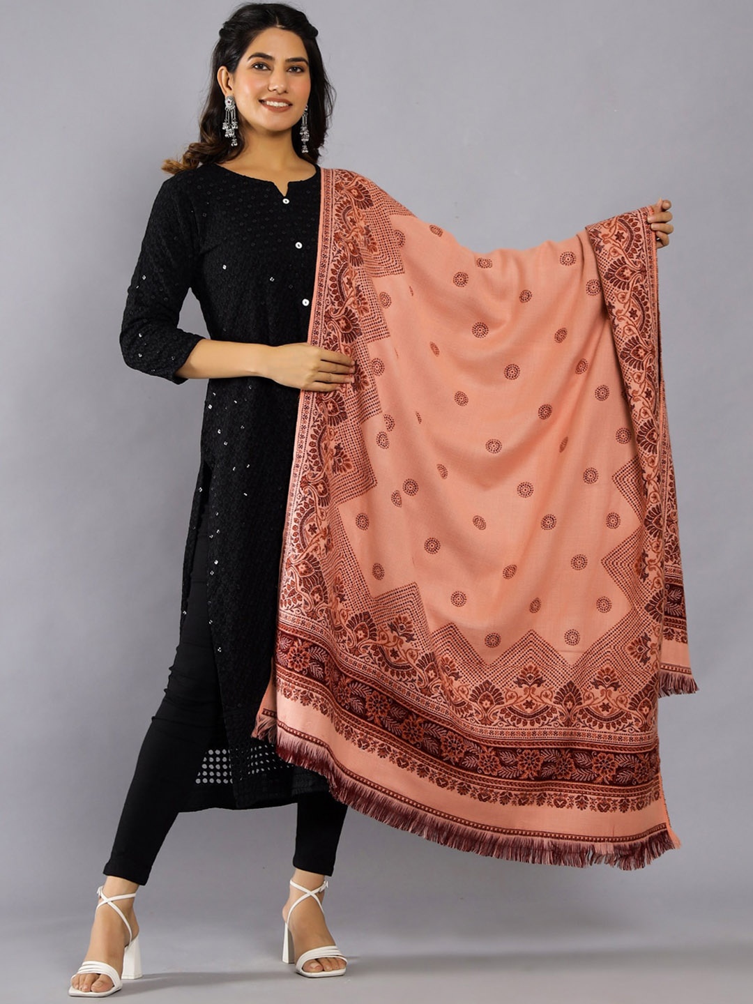 

HANDICRAFT PALACE Woven Design Jamawar Shawl, Peach